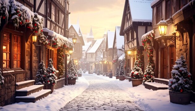 オーダー無料】ヨーロッパ 古い街並み 雪景色 看板 置物 雑貨 ライト