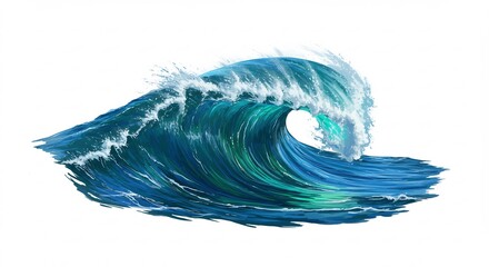深く濃い青からエメラルドグリーンへ変化する巨大な波が明るい日差しの中で力強く砕け散る瞬間白く舞い上がる飛沫と躍動的な水の美しさ. AI Generated