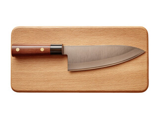A chef's knife on a light wooden board