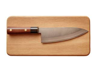 A chef's knife on a light wooden board