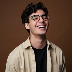Obraz premium Joyful young man laughing against a brown background portrait photography indoor close-up happiness