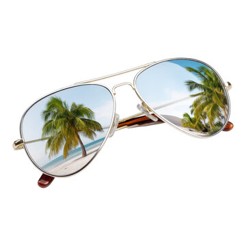 Summer vacation aviator sunglasses & reflective tropical landscapes, isolated on transparent background