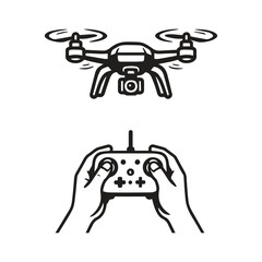black and white Vector illustration of a drone flying above and hands holding a remote control