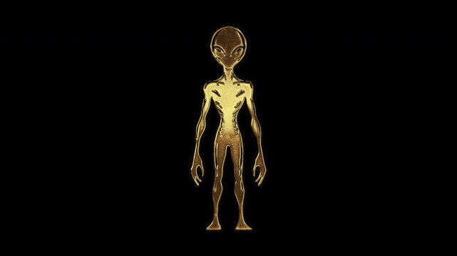 Full-body alien with slightly reflected outlines on a gold foil-like surface, loop, alpha channel

