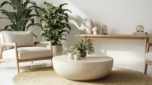 Bright Minimalist Interior Design Visualization with Armchair Table and Potted Plants in a Well Lit Room with White Wall for Modern Home Decor Advertising and Backgrounds