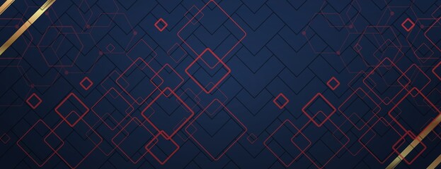 A contemporary geometric pattern in a rich indigo color palette, decorated with gold diagonal lines and red diamond pattern, this image emanates luxury and sophistication.