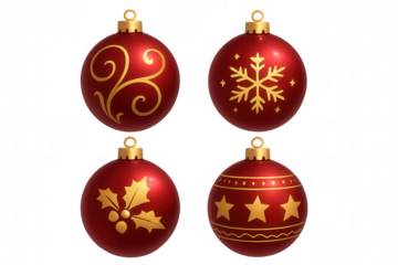 Red christmas ornament set showcasing golden holly, star, scroll, and snowflake designs, transparent background