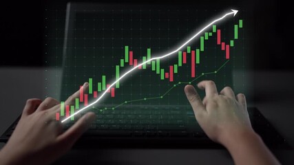 Close-up view of hands engaging with a digital screen displaying a stock market graph, illustrating growth and financial data for investment analysis and decision-making. Copula - Powered by Adobe