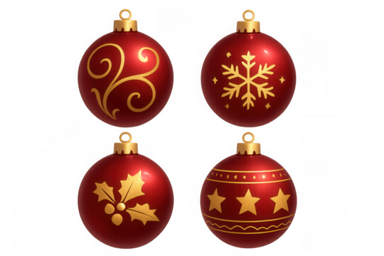 Red christmas ornament set showcasing golden holly, star, scroll, and snowflake designs, transparent background