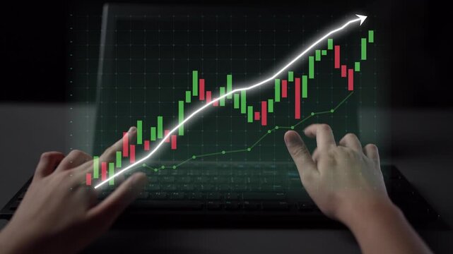 Close-up view of hands engaging with a digital screen displaying a stock market graph, illustrating growth and financial data for investment analysis and decision-making. Copula - Powered by Adobe
