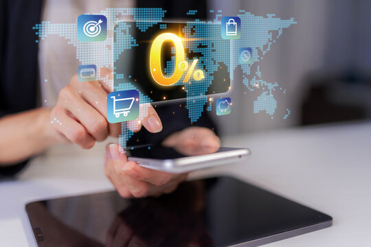 Business hand using smartphone accessing global digital marketing finance ecommerce zero percent promotion virtual interface applications