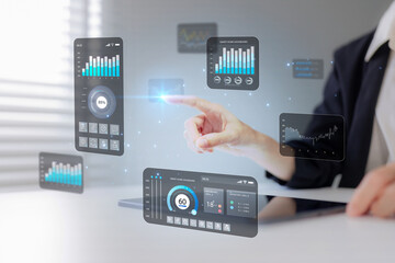 Adult hand interacts virtual smart home dashboard digital data interface managing modern property controlling innovative technology systems business efficiency future automation solutions