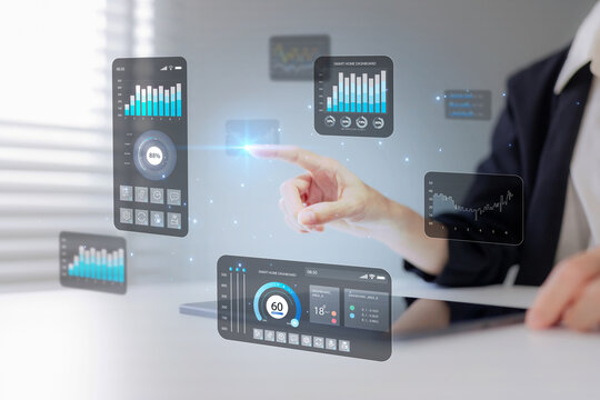 Adult hand interacts virtual smart home dashboard digital data interface managing modern property controlling innovative technology systems business efficiency future automation solutions