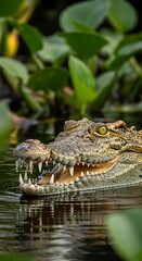 Obraz premium Crocodile Head Emerging from Water.