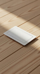Fototapeta premium Minimalist Blank White Card on Pine Wood Surface with Striped Shadows