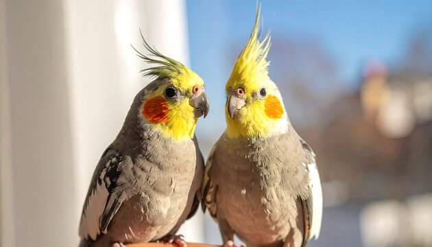 Two parakeets facing each other in sunlight