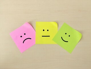 Not satisfied, neutral, and happy emoji on sticky notes with white background, customer satisfaction concept. Copy space 