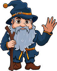 Cartoon Wizard with Staff,Waving Hand