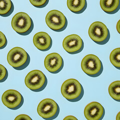 Fototapeta premium trendy sunlight summer pattern made with kiwi slices on bright aqua blue background.minimal tropical summer concept.