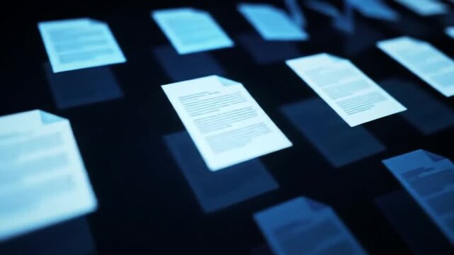 Futuristic document management screen with glowing blue hologram and floating files