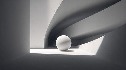 A solitary white sphere in a minimalist space, bathed in soft light, creating a serene and contemplative atmosphere