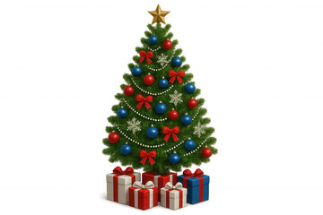 Christmas tree with holiday ornaments, gift boxes, and a shining star, bringing cheer and celebration