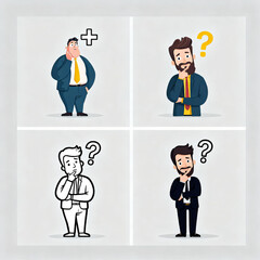 cartoon businessman thinking, question mark floating above head, flat design icon set