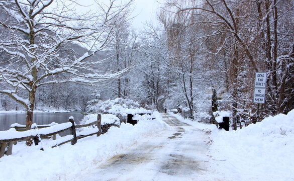 Snow covered road and trees in West Cornwall, Connecticut