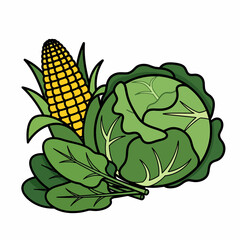 Cartoon Corn Cob Cabbage Head and Spinach Leaves with Black Outlines.