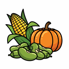 Cartoon Corn Pumpkin and Lima Beans A Harvest Bounty Illustration.