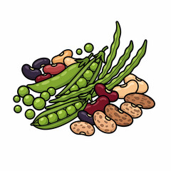 Cartoon Illustration of Colorful Beans and Peas in Pods with Black Outlines.