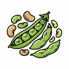 Cartoon Pods and Beans with Smiling Faces Outlined in Black on a Transparent Backdrop.