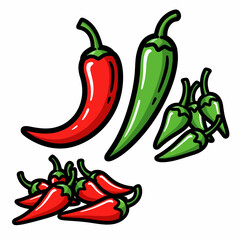 Cartoon Red and Green Chili Peppers with Bold Black Outlines and Glossy Highlights.