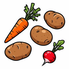 Cartoon Vegetables Carrot Potatoes and Radish with Bold Outlines 1.