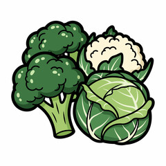 Cartoonish Broccoli Cauliflower and Cabbage with Bold Outlines and Simple Shading.