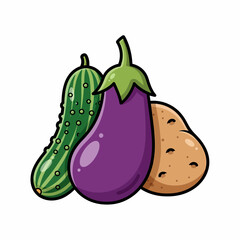 Cartoonish Cucumber Eggplant and Potato Trio with Bold Outlines and Glossy Highlights.