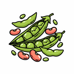 Playful Cartoon Pods Smiling Green Peas and Kidney Beans Illustration.
