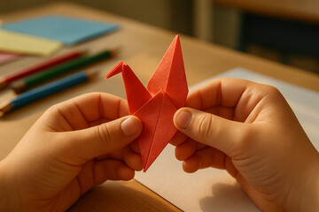 Kids hands fold red paper to complete a classic origami crane, focused on the precise details.