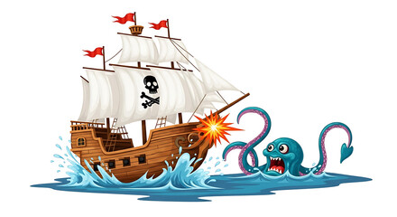 Pirate Ship Battles Sea Monster in Cartoon Illustration