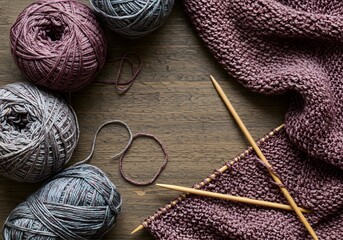 Knitting project in progress with balls of purple and grey yarn and wooden needles on a dark wood table.