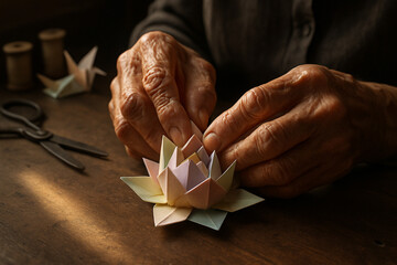 Senior hands folding a beautiful, colorful modular origami lotus flower on a dark, rustic table.