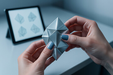 Hands delicately fold a geometric silver modular origami model, highlighting innovation and design.