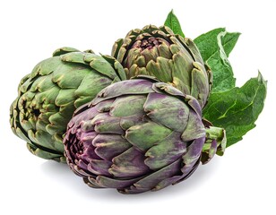 Fototapeta premium Three artichokes with vibrant green and purple hues, nestled amongst fresh leaves, set against a stark white background