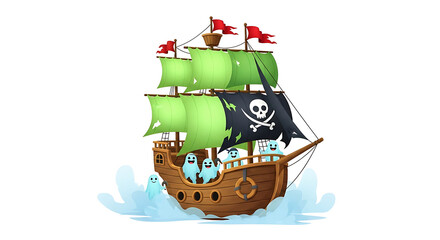 A whimsical cartoon pirate ship with vibrant green sails gracefully glides, accompanied by playful spectral companions
