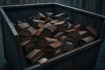 Pile of old, rusty mailboxes in a dark industrial dumpster, representing abandonment and the past.