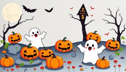 Fototapeta premium Spooky Halloween card featuring cute cartoon ghosts and pumpkins, pumpkins, drawing
