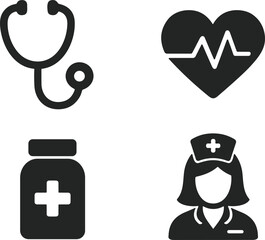 Healthcare icon set featuring stethoscope, heartbeat, medicine bottle, and nurse, black vector symbols for medical care and health services