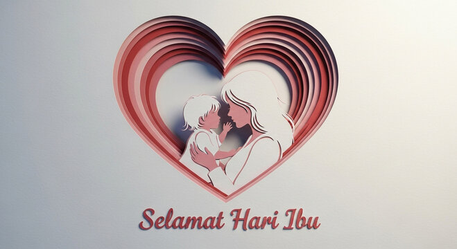 Selamat Hari Ibu greeting card with a papercraft heart showing a mother and child.