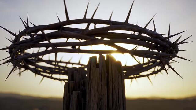 Crown of Thorns Resting on Wooden Post Against Warm Sunset Sky Religious Symbolism and Passion Narrative Representation of Christian Devotion Conceptual and Atmospheric Image