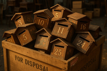 Pile of old wooden mailboxes with painted numbers, ready for disposal in a dusty, dimly lit storage room.